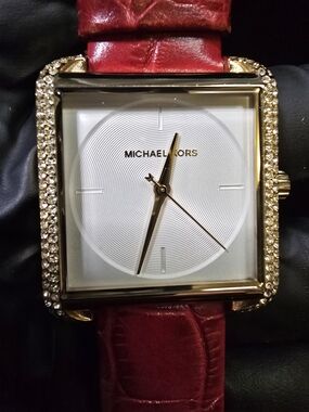 Michael Kors Square Crystal-Trim Watch in Red and Gold (33mm)